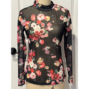 Women's Bemor Run Fashion Black Floral Mesh mock neck Long Sleeve Tee M sheer